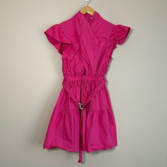 Derek Lam 10 Crosby Finn Ruffle Wrap Tiered Mini Shift Dress in Magenta Size 8 - Picture 4 of 11